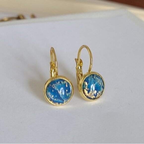Elegant Hand Crafted Boho Blue Gold Gemstone Marble Circle Drop Dangle Earrings - Picture 11 of 14